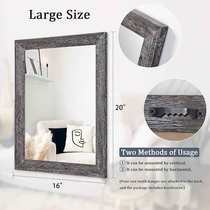 AAZZKANG Wall Mirror with Rectangle Wood Frame Large 20"x16" Rustic Decorative Hanging Mirrors for Bedroom Bathroom Living Room Home Office