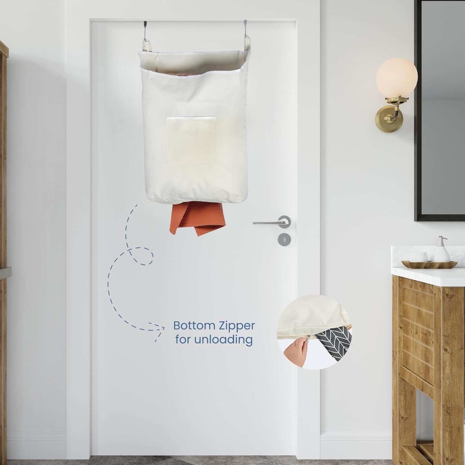 The Fine Living Co. Hanging Laundry Hamper with Over Door Hooks & Adhesive, Durable Space Saving Laundry Bag with Zipper and Wide Open Top, Hanging Dorm Laundry Hamper 18"x4.75"x28" (Beige-L) - NestledHome