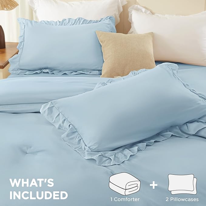 Andency Light Blue Queen Comforter Set (90x90Inch), 3 Pieces Lightweight Fluffy Ruffle Bedding Comforter Sets for Queen Bed, Farmhouse Shabby Chic Soft All Season Bed Set