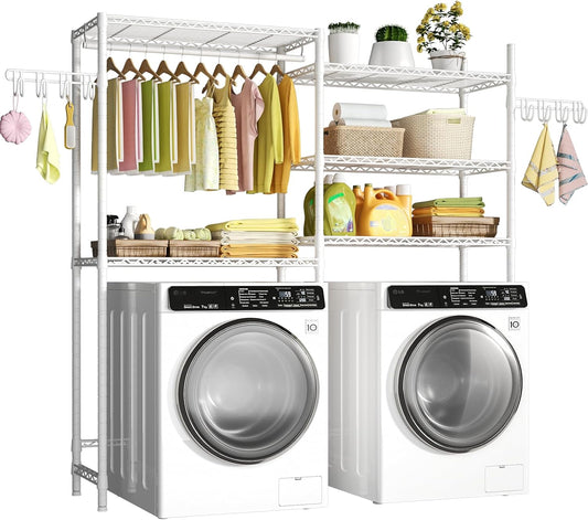 Ulif U6 Clothes Drying Rack, 5-Tier Over Washer and Dryer Laundry Room Storage and Organizer, Heavy-Duty Space Saver, 65.3" W x 13.4" D x 77.5" H, White - NestledHome