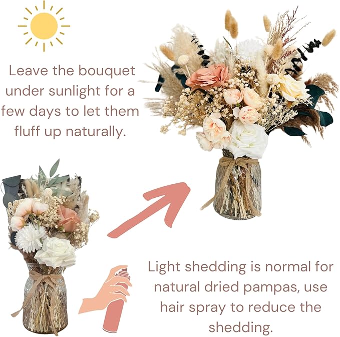 Luxury Floral Arrangement with Vase - Pampas Grass & Artificial Flowers for Kitchen Island, High End Centerpiece Decor, Coffee Table & Dining Table, Farmhouse Boho Home Decor with Dried Flowers