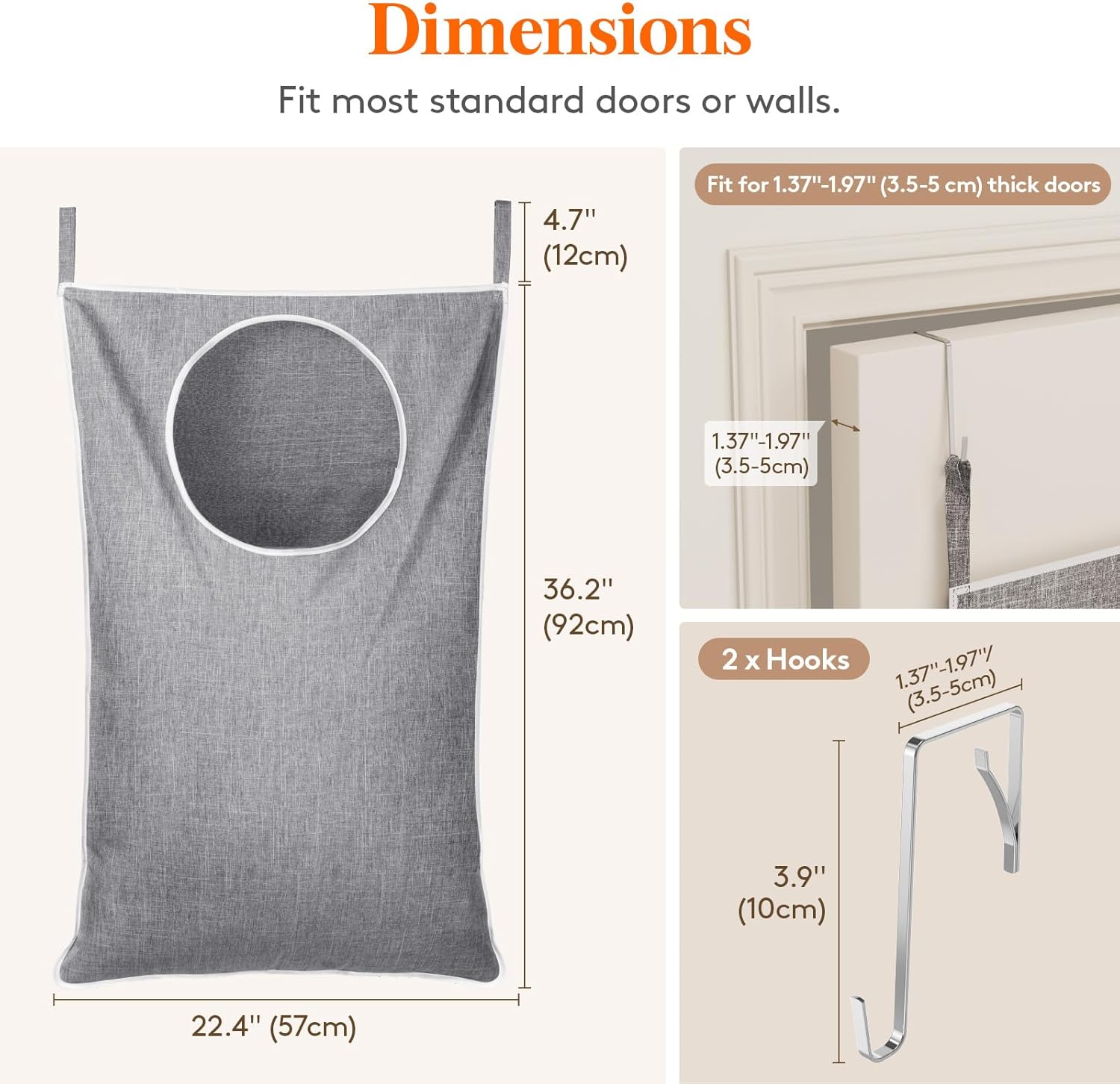 Lifewit 2 Pack Over Door Laundry Hamper, Large Collapsible Hanging Laundry Hamper, Hanging Laundry Basket Bag for Bathroom Bedroom Dirty Clothes Storage Organizer, Light Gray - NestledHome