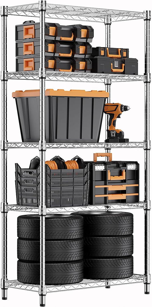 1250 lbs Steel Heavy Duty 5-Tier Utility Shelving Unit Steel Organizer Wire Rack for Home,Kitchen,Office,Chrome (13.7" D x 23.6" W x 62.4" H) - NestledHome