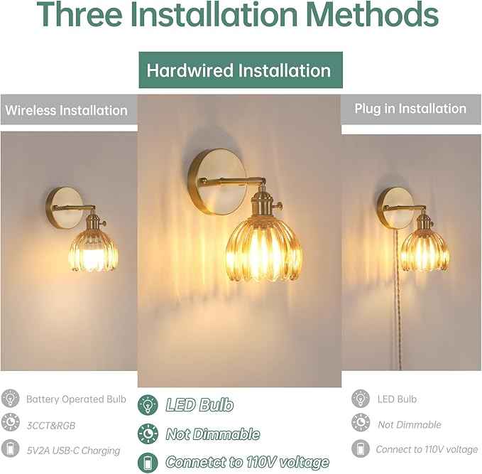Vintage Wall Sconces with Amber Tulip Glass Lampshade 180 Degree Adjustable Brass Sconces Hradwired Modern Wall Lighting Fixture with Switch for Bedside Bedroom Doorway