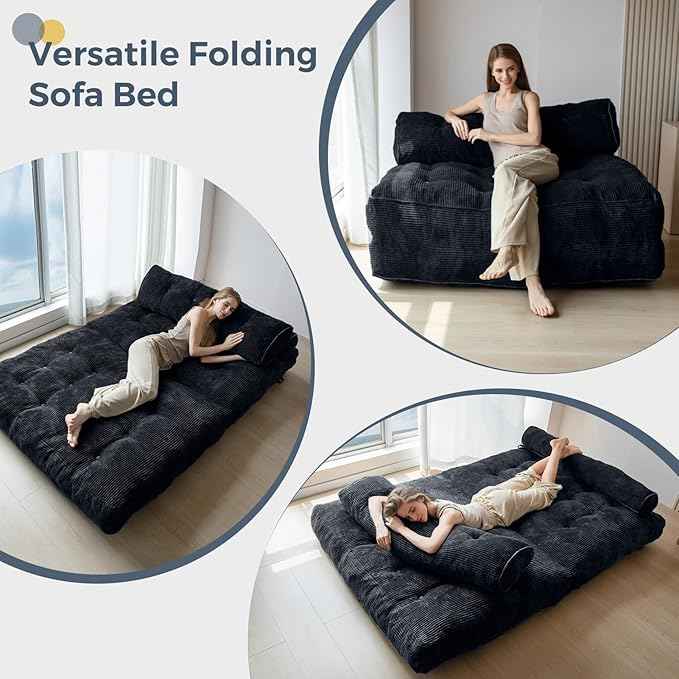 MAXYOYO Folding Sofa Bed, Convertible Sleeper Chair with Pillow Foldable Matress with Back Support, Portable Fold Out Chair Bed Comfy Floor Sofa Lounge for Living Room Bedroom, Black Double