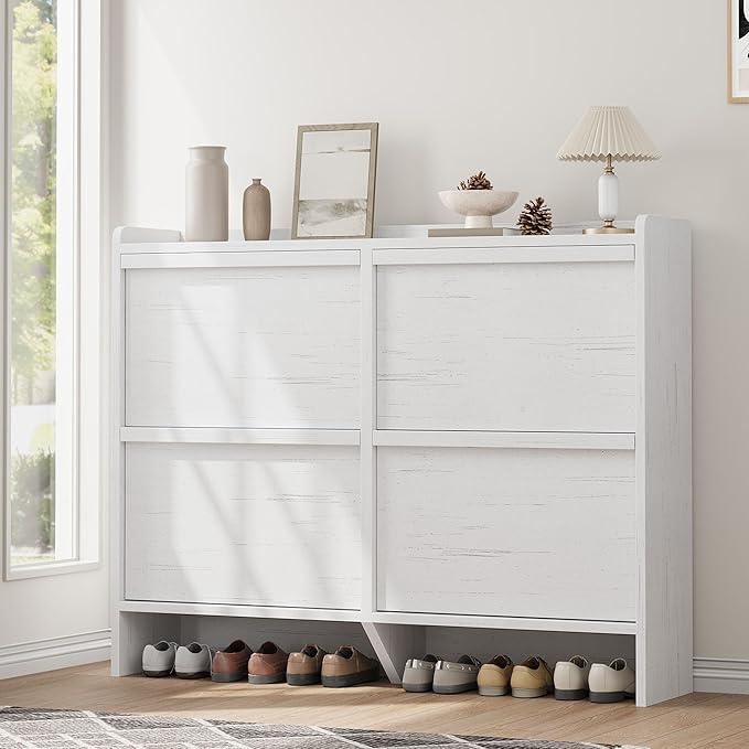 GarveeHome Shoe Cabinet with 4 Flip Drawers, Wooden Shoe Organizer Cabinet with Adjustable Shelf, Shoe Storage for Entryway, Hidden Shoe Cabinet for Hallway, Living Room, White