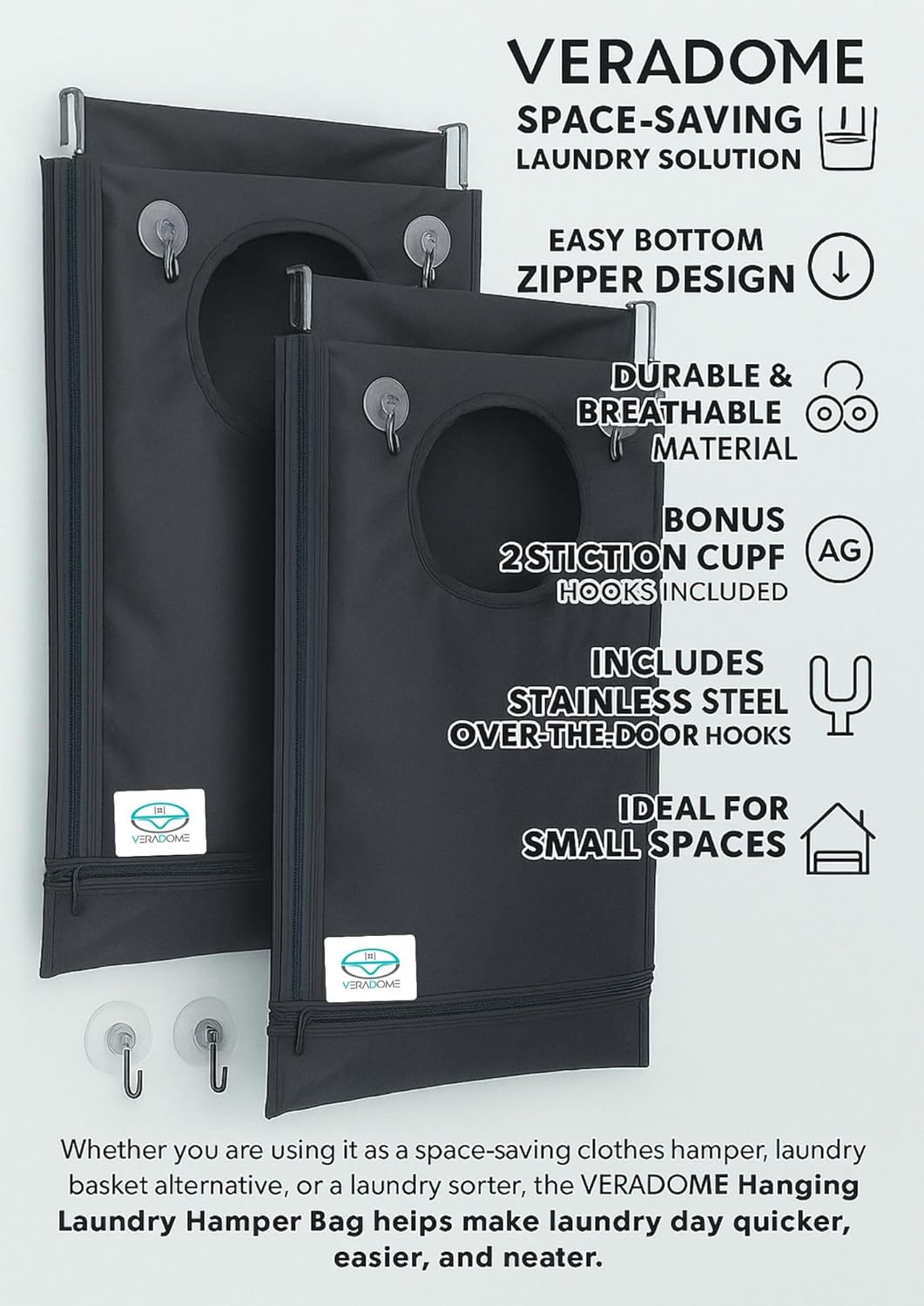Hanging Laundry Hamper Bag – Space-Saving Dirty Clothes Storage with Free Adjustable Stainless Steel Over-the-Door Hooks & Suction Cup Hooks – Ideal for bathrooms, bedrooms & dorms (2, Gray) - NestledHome