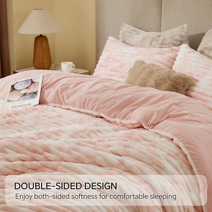 BEDELITE Fleece Queen Comforter Set -Super Soft & Warm Fluffy Pink&White Bedding, Luxury Fuzzy Heavy Bed Set for Winter with 2 Pillow Cases