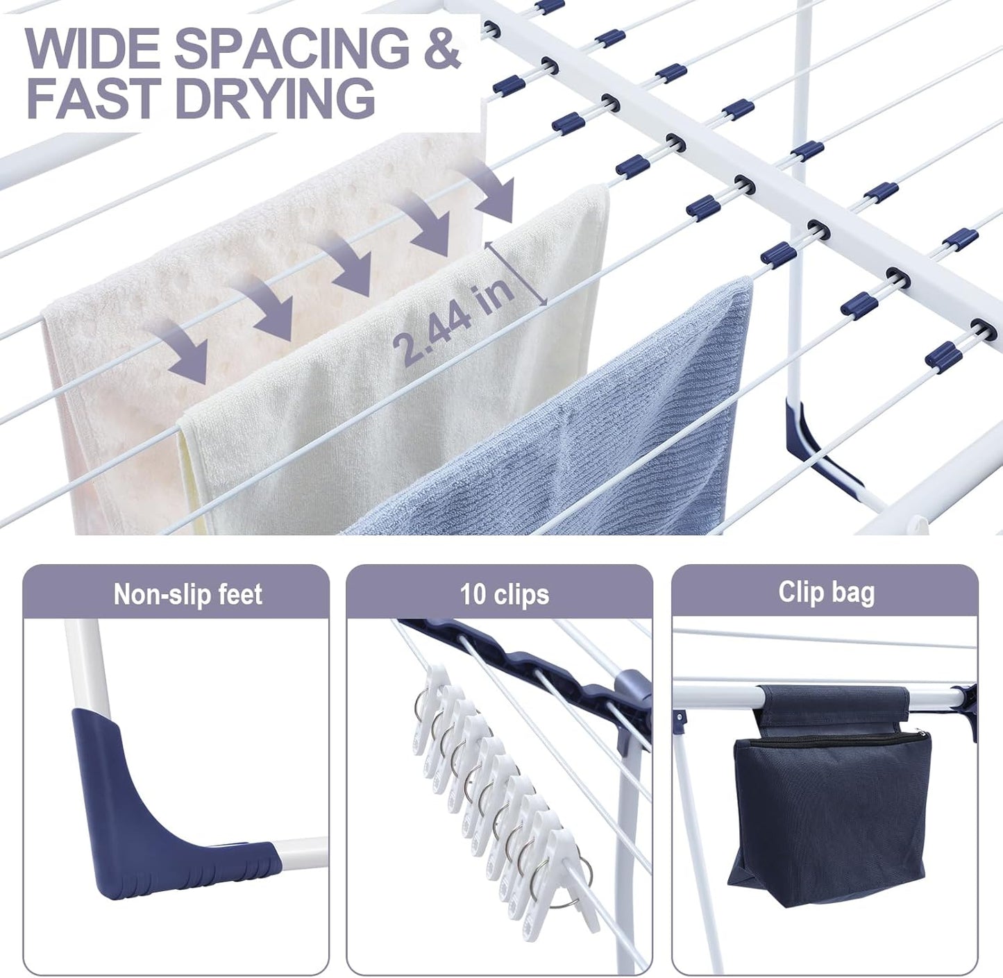 APEXCHASER Clothes Drying Rack, Foldable Gullwing Laundry Rack for Indoor Outdoor, 10pcs Clips with Bag, Collapsible Space-Saving Drying Rack for Clothes Towels Dolls, White - NestledHome