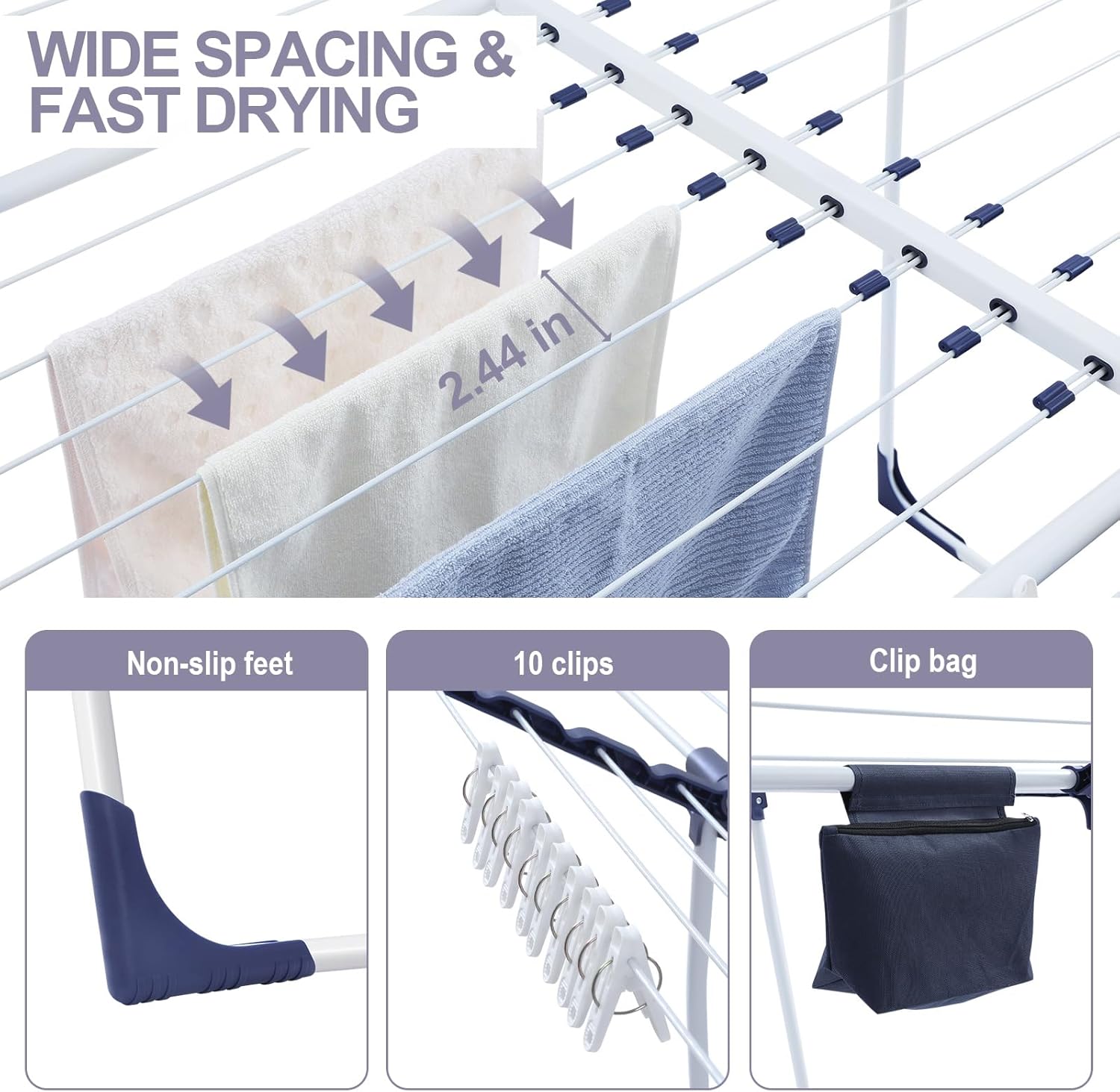 APEXCHASER Clothes Drying Rack, Foldable Gullwing Laundry Rack for Indoor Outdoor, 10pcs Clips with Bag, Collapsible Space-Saving Drying Rack for Clothes Towels Dolls, White - NestledHome