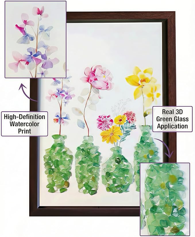 Boohyjtong DIY Natural Crystal Mosaic Art Kit for Adults (Framed) - Genuine Green Gemstone Flower Vase 3D Wall Decor. Includes A4 Frame, Glue & Tools. Relaxing Crushed Stone Craft Gift for Women