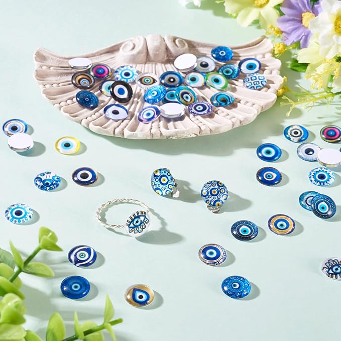 Craftora 100Pcs Evil Eye Glass Cabochons for Jewelry Making, 12x4mm Blue Eyes Half Round Cameo Dome Tiles Flatback Dome Cabochons for DIY Bracelets Necklace Scrapbooking DIY Crafts