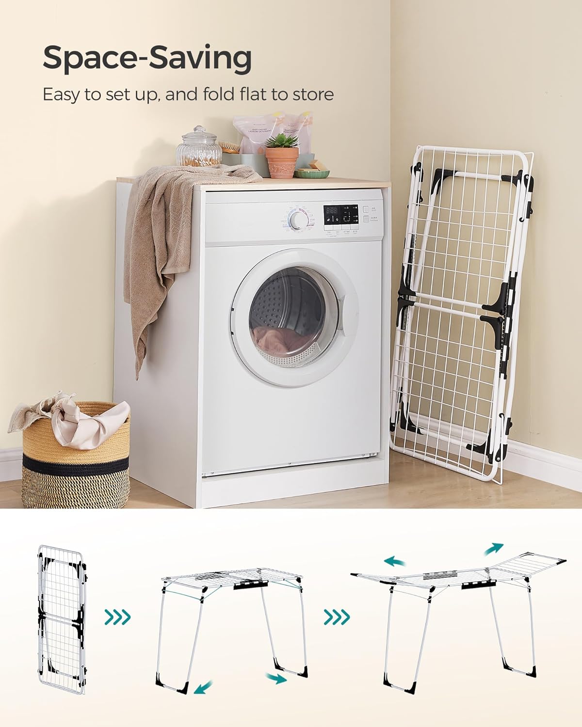SONGMICS Clothes Drying Rack Foldable, Gullwing Laundry Drying Rack, Space-Saving, 22.2 x 68.1 x 38 Inches, Sock Clips, Metal Structure, for Clothes, Towels, Linens, Indoor, Outdoor White ULLR518W01 - NestledHome