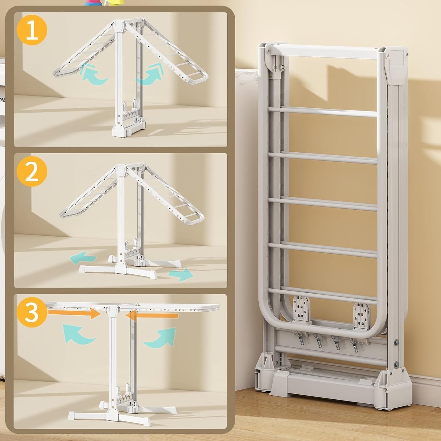 Heavy Duty Clothes Drying Rack Foldable, Aluminum Large Drying Rack Clothing with 2 Height-Adjustable Drying Wings, Laundry Racks for Drying Clothes,Easy to Fold,Indoor Outdoor Use - NestledHome