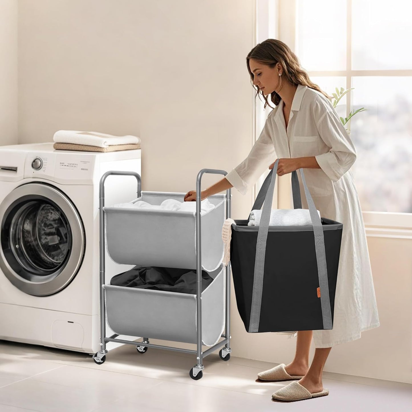STORAGE MANIAC 80 Liters Vertical Rolling Laundry Hamper, 2 Section Laundry Sorter with Wheels and 2 Breaks, 2-tier Laundry Baskets for Small Space, Dorm, Laundry Room, Closet, Bathroom, Gray 2-tier - NestledHome