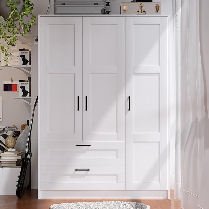 3 Doors Wooden Wardrobe Closet Armoire, White Storage Cabinet for Hanging Clothes, Bedroom Large Capacity Freestanding Armoire,Wood Wardrobe Combination with Shelves (2drawer, White)