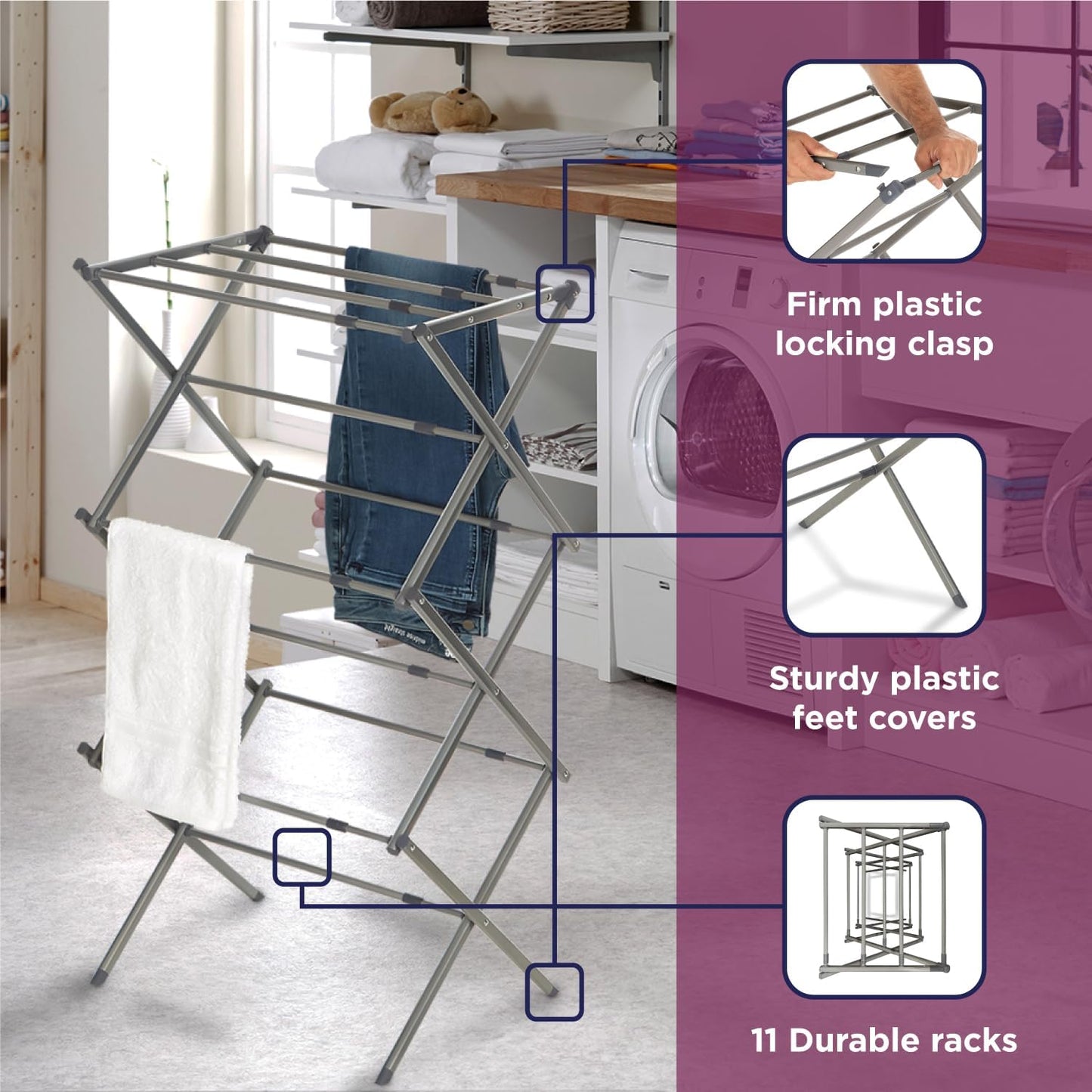 BLACK+DECKER 3 Tier Expandable Collapsing Foldable Laundry Rack for Air Drying Clothing, Space Saving Heavy Duty Lightweight Metal Drying Rack(Silver) - NestledHome