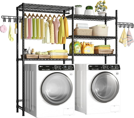 Ulif 65.3" W x 13.4" D x 77.5" H Clothes Drying Rack, 5 Tiers Over Washer and Dryer Laundry Room Storage and Organizer, Heavy-Duty Space Saver, Black - NestledHome