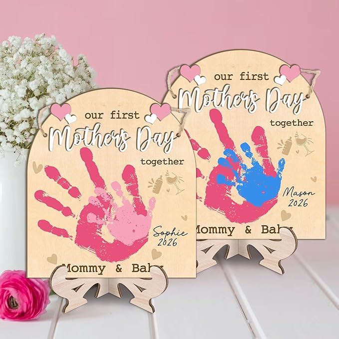 DIY Custom Our First Mother's Day Together Mommy & Baby Handprint Signs, Baby First Mothers Day Gifts for Babies, Toddler And Mom Mother's Day Crafts Plaque, Memory Keepsake Baby Milestone Photo Props