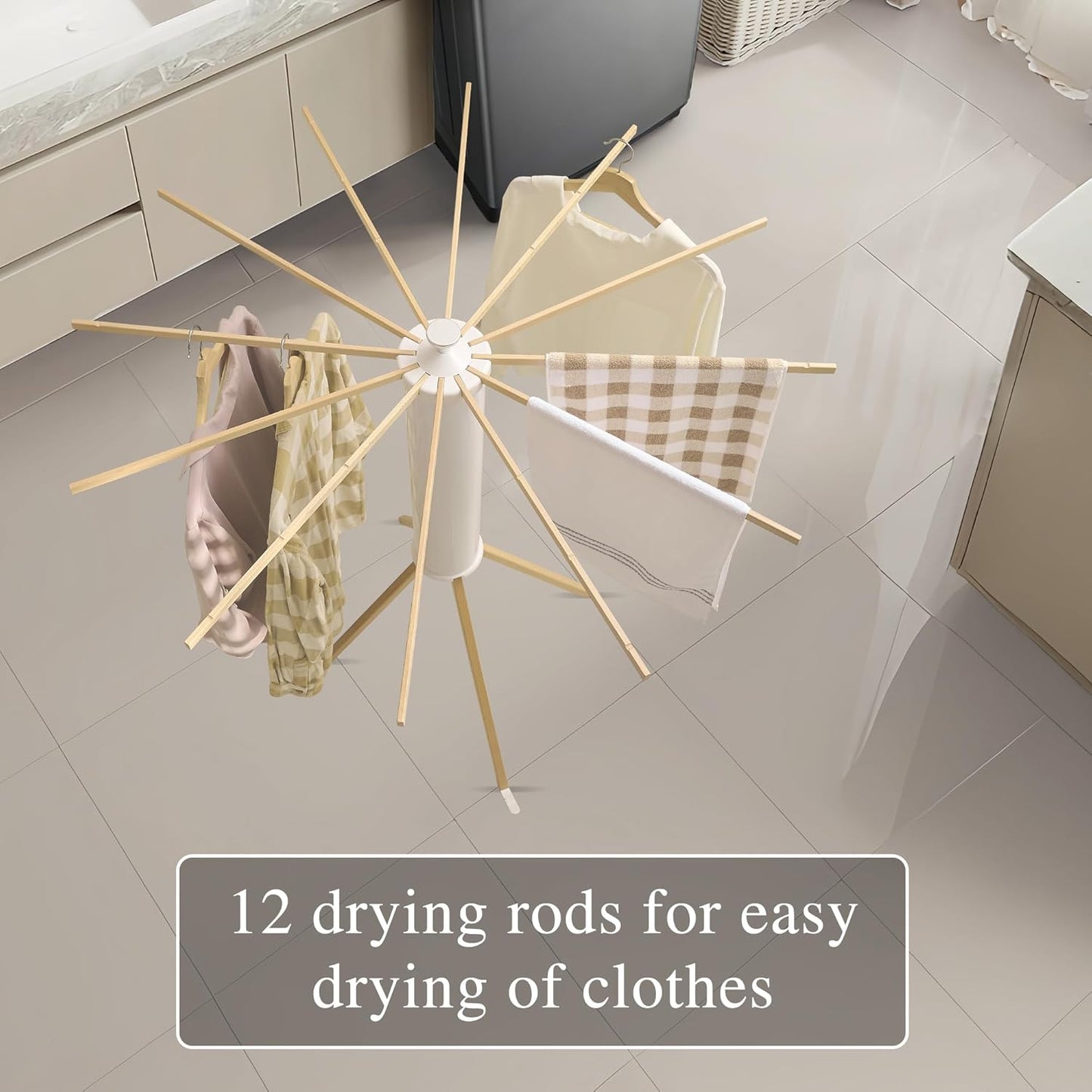 LEQ Drying Rack Portable,Foldable Drying Rack Clothing with 12 Wood Drying Arms, Standing Laundry Hanger Rack Round Collapsible & Portable Handle for Laundry Room, Balcony, Bedroom, RV - NestledHome
