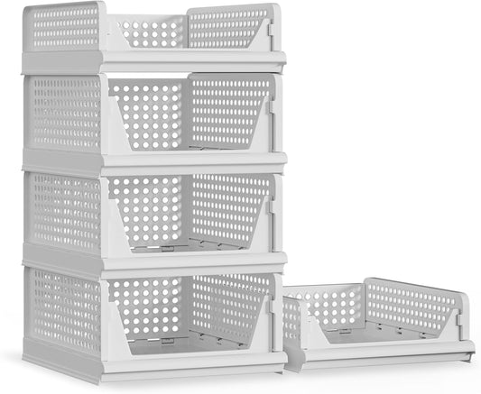 5 Pack Stackable Plastic Storage Basket Closet Organizer Bin Foldable Clothes Organizer Storage Drawer Shelf Container for Living room Bathroom Kitchen Office (3L+2S) - NestledHome