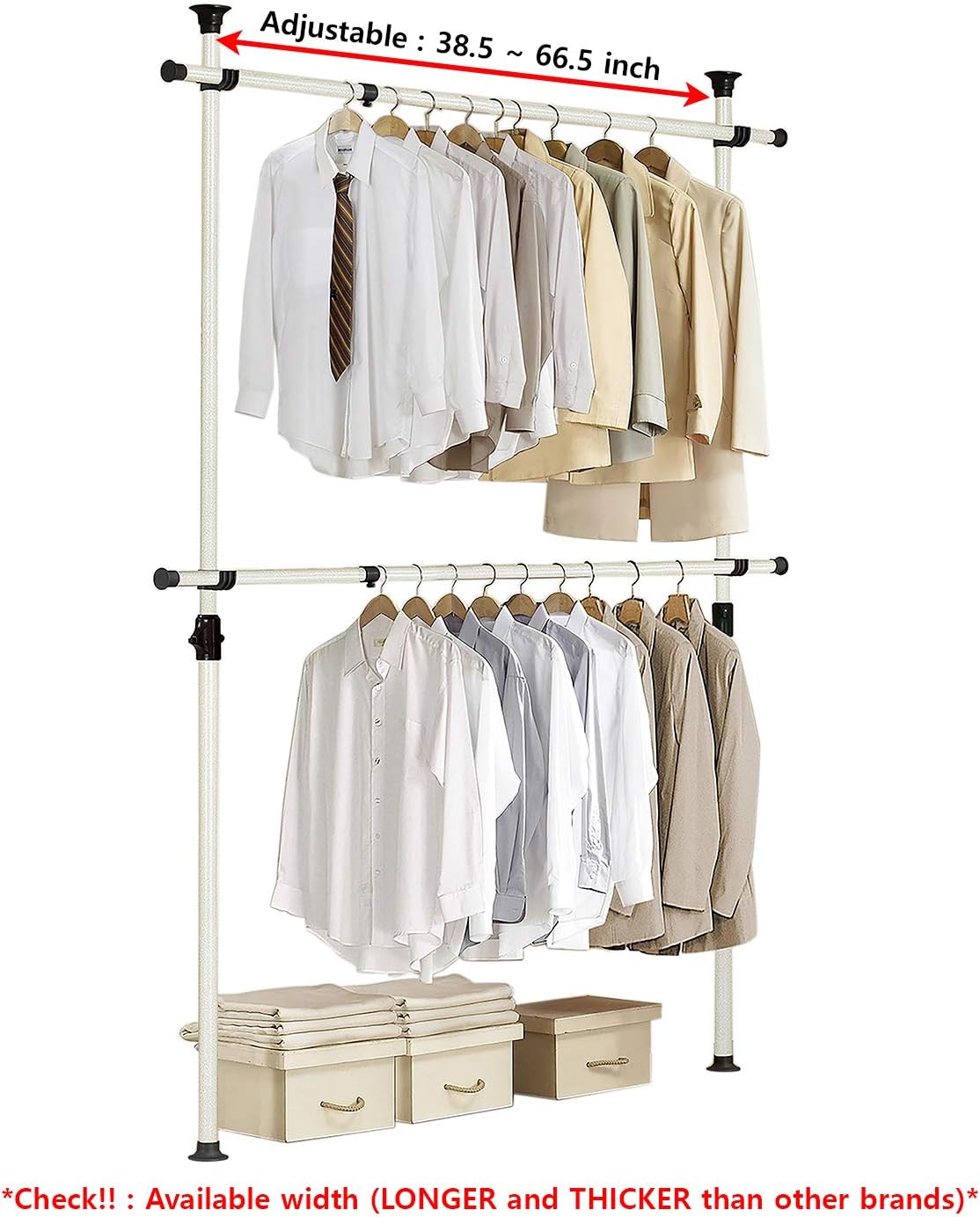 PRINCE HANGER Rack Heavy Duty One Touch System Load 352LBS Clothing Racks for Hanging Clothes Metal Closet Garment Closet system Tension Rod Free Standing Ivory Width Adjustable PHUS-0023 - NestledHome