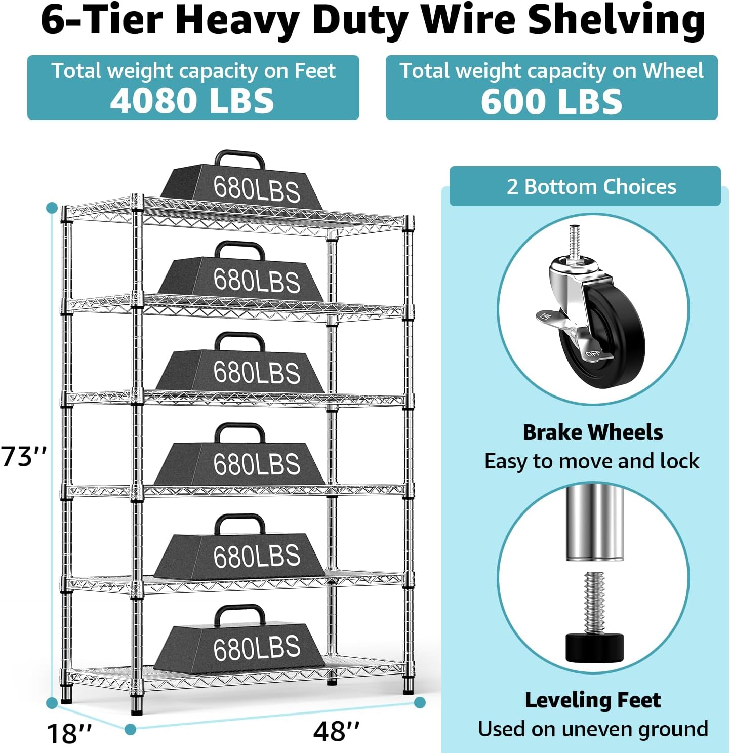 Steel Storage Shelving 6-Tier Utility Shelving Unit with Wheels, Steel Organizer Wire Rack for Home,Kitchen,Office,Garage,17.7" D x 47.2" W x 76.7" H - NestledHome