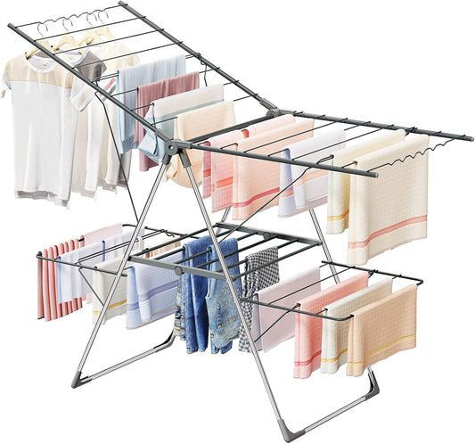 Bigzzia Clothes Drying Rack Foldable, 2-Level Large Laundry Drying Rack Collapsible, Stainless Steel Drying Rack Clothing for Indoor Outdoor, Easy to Fold, 33 Drying Rails, 142cm, Gray - NestledHome