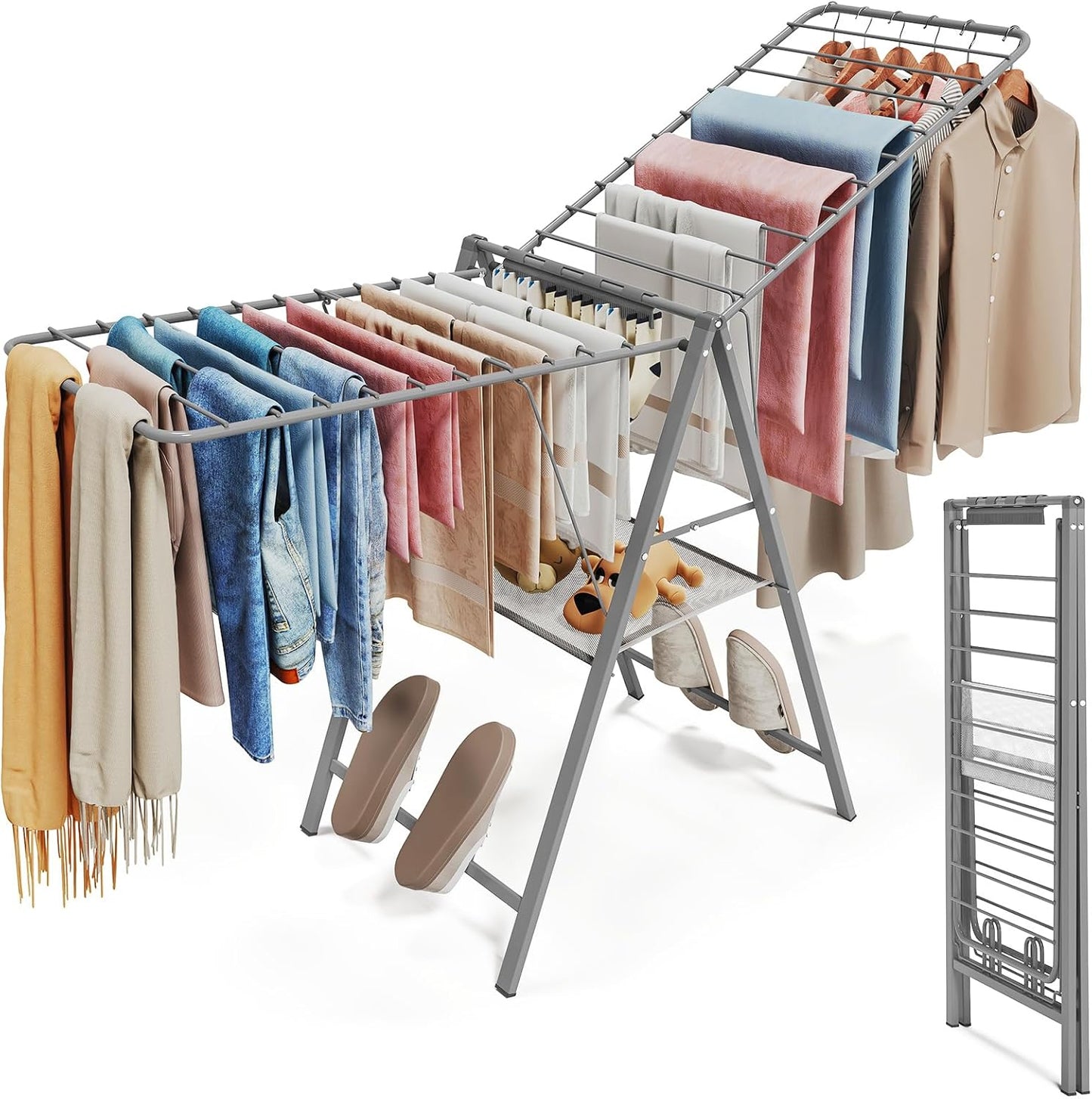 APEXCHASER Clothes Drying Rack Foldable, Metal Laundry Drying Rack Collapsible, Portable Compact Clothes Rack for Sweater Baby Clothes Towel Indoor & Outdoor, Height Adjustable Clothes Airer, Grey - NestledHome