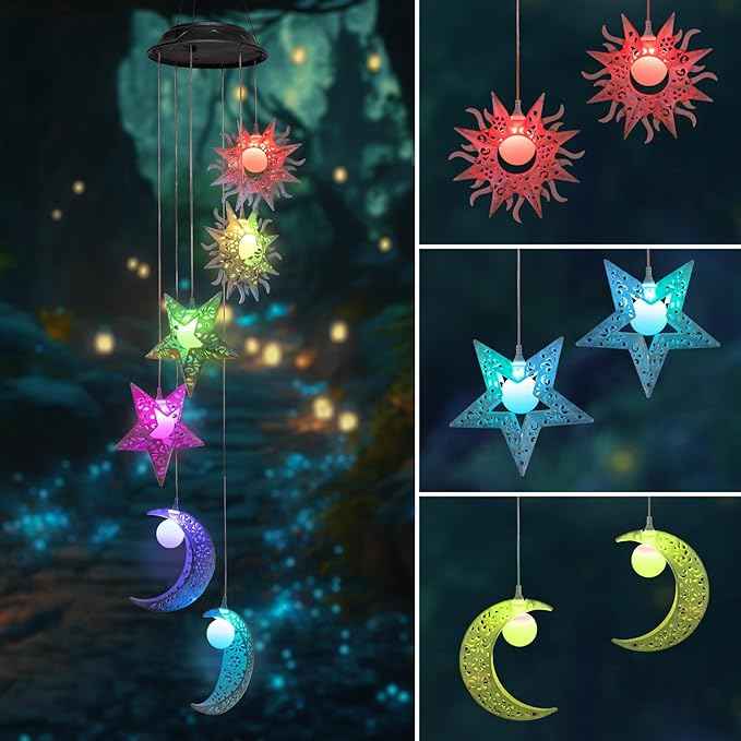 Tryme Solar Wind Chimes with Sun Moon Star Color Changing Windchimes, Outdoor Hanging Lights, Garden Decor Gifts for Mom, Grandma, Wife, Neighbors