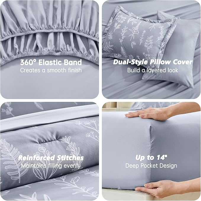 MUXHOMO Light Grey Bed in a Bag Queen 7 Pieces, Queen Comforter Set Reversible Botanical Flowers Design, Ultra Soft & Breathable Bedding Sets with Comforter, Sheets, Pillowcases & Shams