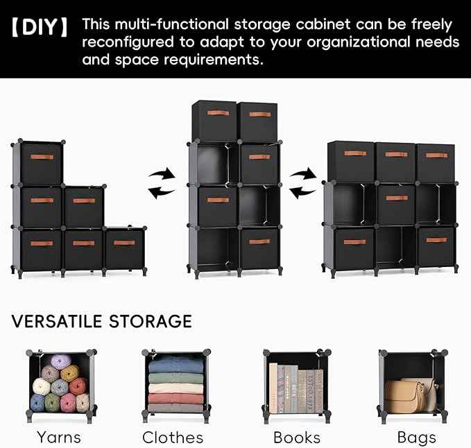 Cube Storage Organizer with Storage Bins, 6-Cube Shelves Units with 6 Organizer Bins, DIY Plastic Storage Shelves with Mallet, Closet Clothes Storage Shelves for Home, Bedroom, Living Room