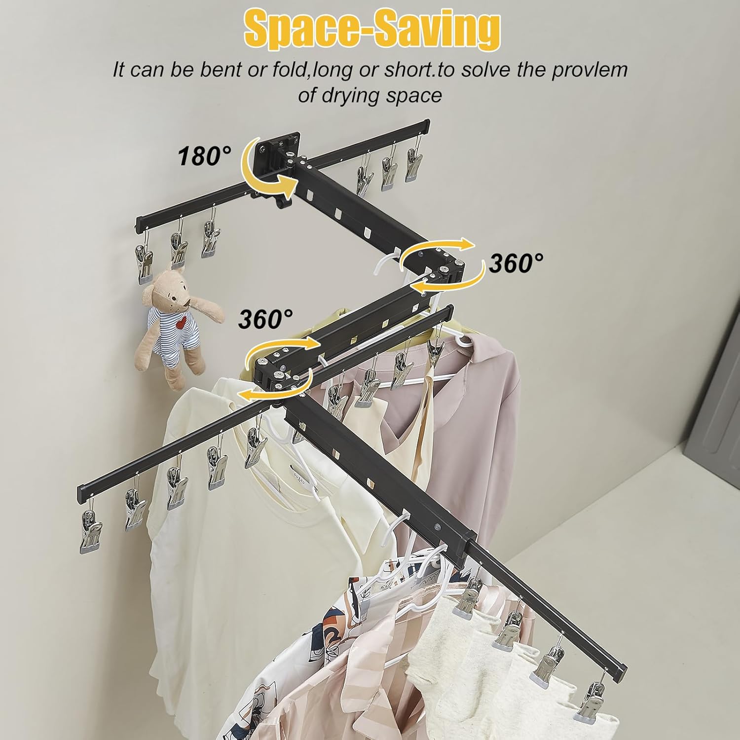 BESy Tri-Fold Foldable Clothes Drying Rack Retractable Hanging Collapsible Dryer Hanger Racks for Laundry Balcony Bathroom Space Saver Outdoor Indoor 20 Clips Aluminum Alloy Wall Mounted Matte Black - NestledHome