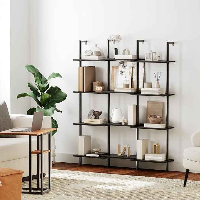 HOOBRO DIY Ladder Shelf, 6-Tier Wooden Wall Mounted Bookshelf, Narrow Bookcase, Display Shelf, Storage Rack, Plant Stand, for Living Room, Bedroom, Study, Balcony, Black BB651CJ01
