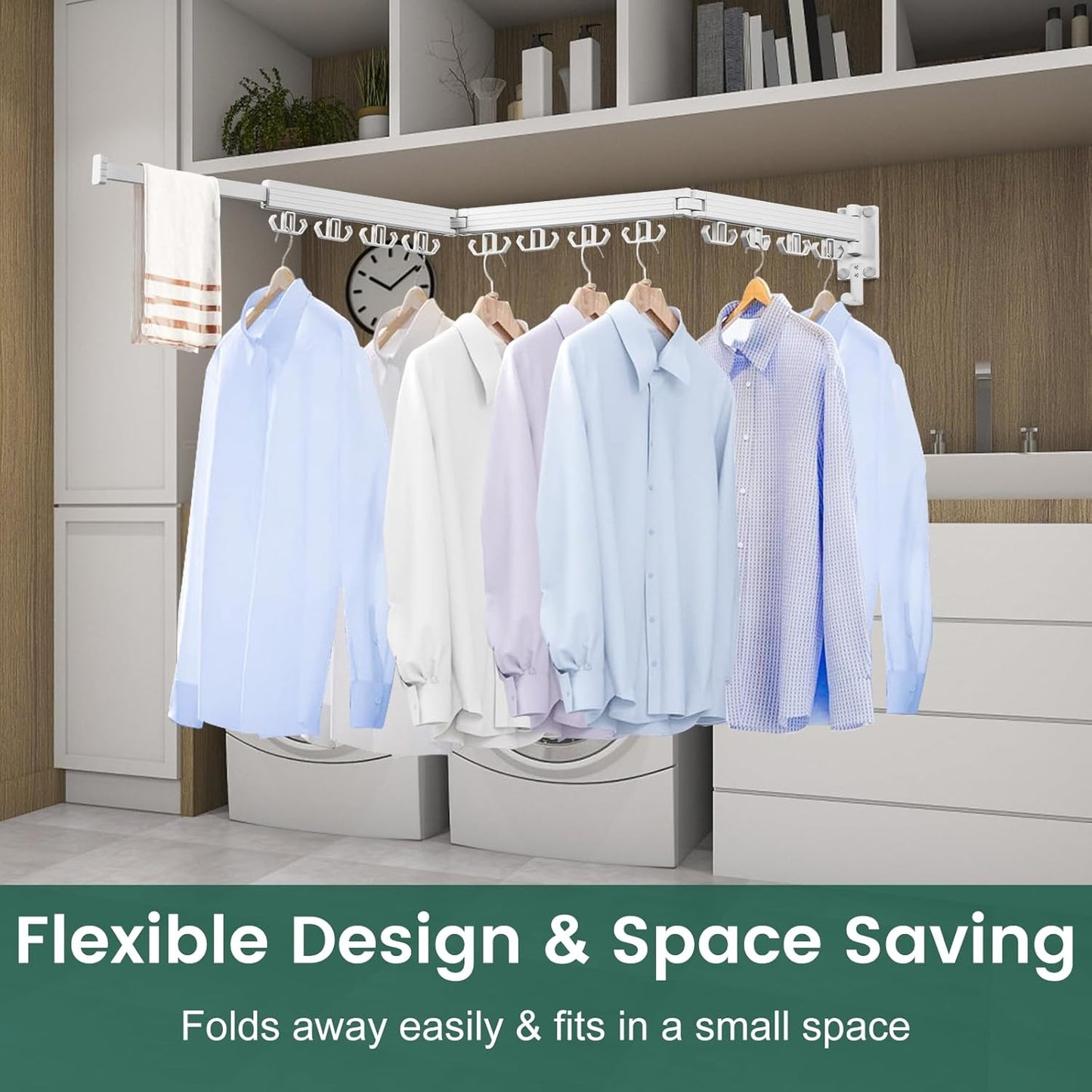 Wall Mounted Clothes Drying Rack, Laundry Drying Rack Wall Mount, 3-Fold Drying Rack Clothing, Foldable Clothes Drying Rack with 12 Dual Hooks Organization for Laundry Room Indoor - White - NestledHome