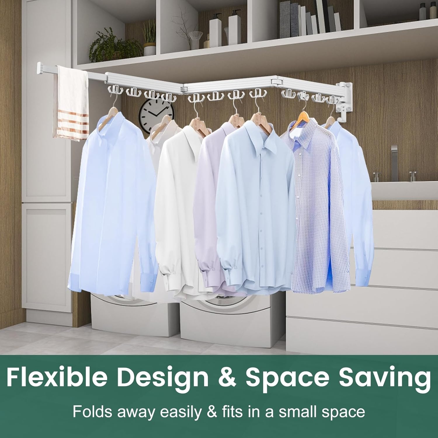 Wall Mounted Clothes Drying Rack, Laundry Drying Rack Wall Mount, 3-Fold Drying Rack Clothing, Foldable Clothes Drying Rack with 12 Dual Hooks Organization for Laundry Room Indoor - White - NestledHome