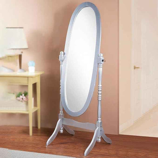 Full Length Mirror with Stand, Swivel Adjustable Oval Wood Cheval Floor Mirror, Dressing Cheval Mirror for Bedroom Livingroom, Interior Gift Idea (Silver)
