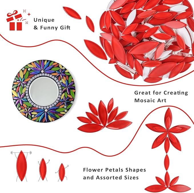 Youway Style Red Leaf Mosaic Tiles for Crafts Bulk,200g Petal Mosaic Glass Pieces,Flower Glass Tiles for Christmas Mosaic Decorations,Garden Mosaic Supplies Kit