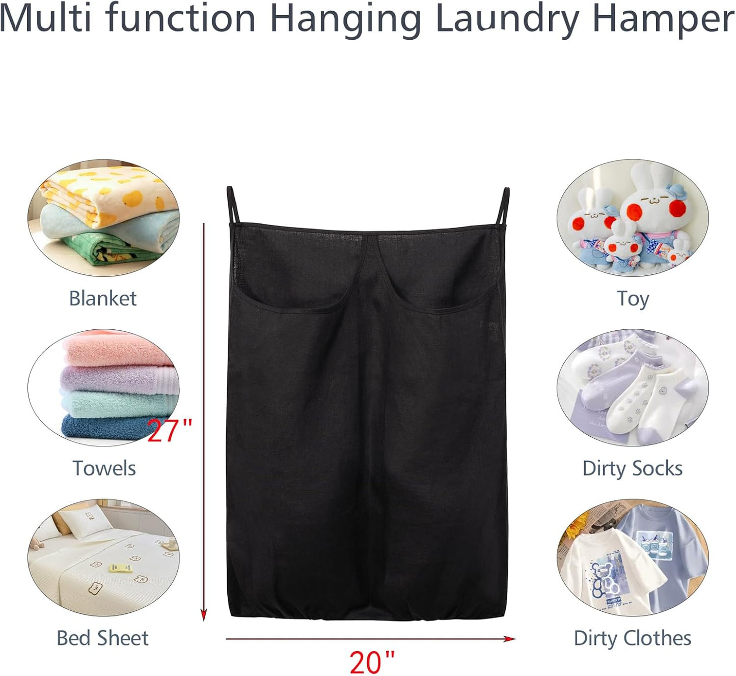 100% Pure Linen Dual Hanging Laundry Bag with 2 Deep Pocket and 2 Side Zipper 20x27in, Over The Door Laundry Hamper Space Saving Hampers for Dirty Clothes Home Travel, Black - NestledHome