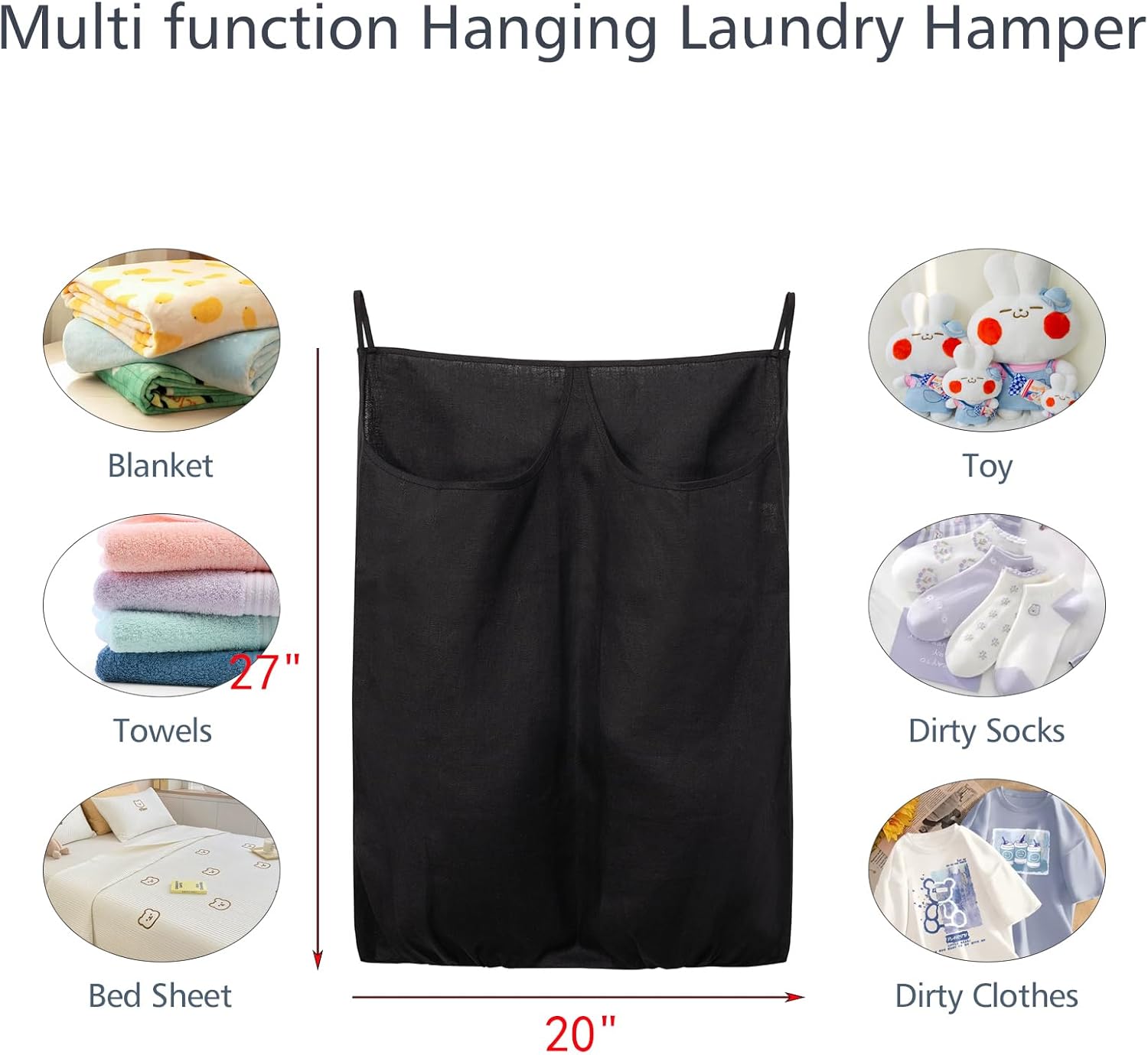 100% Pure Linen Dual Hanging Laundry Bag with 2 Deep Pocket and 2 Side Zipper 20x27in, Over The Door Laundry Hamper Space Saving Hampers for Dirty Clothes Home Travel, Black - NestledHome