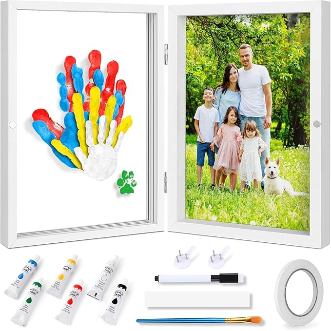 TourKing Family Handprint Kit, Diy Baby Hand & Footprint Wooden Keepsake Frame, With Non-Toxic Baby-Safe Paints, Gift Ideas For New Parents Grandparents, Father's Day Mother's Day Anniversary (White