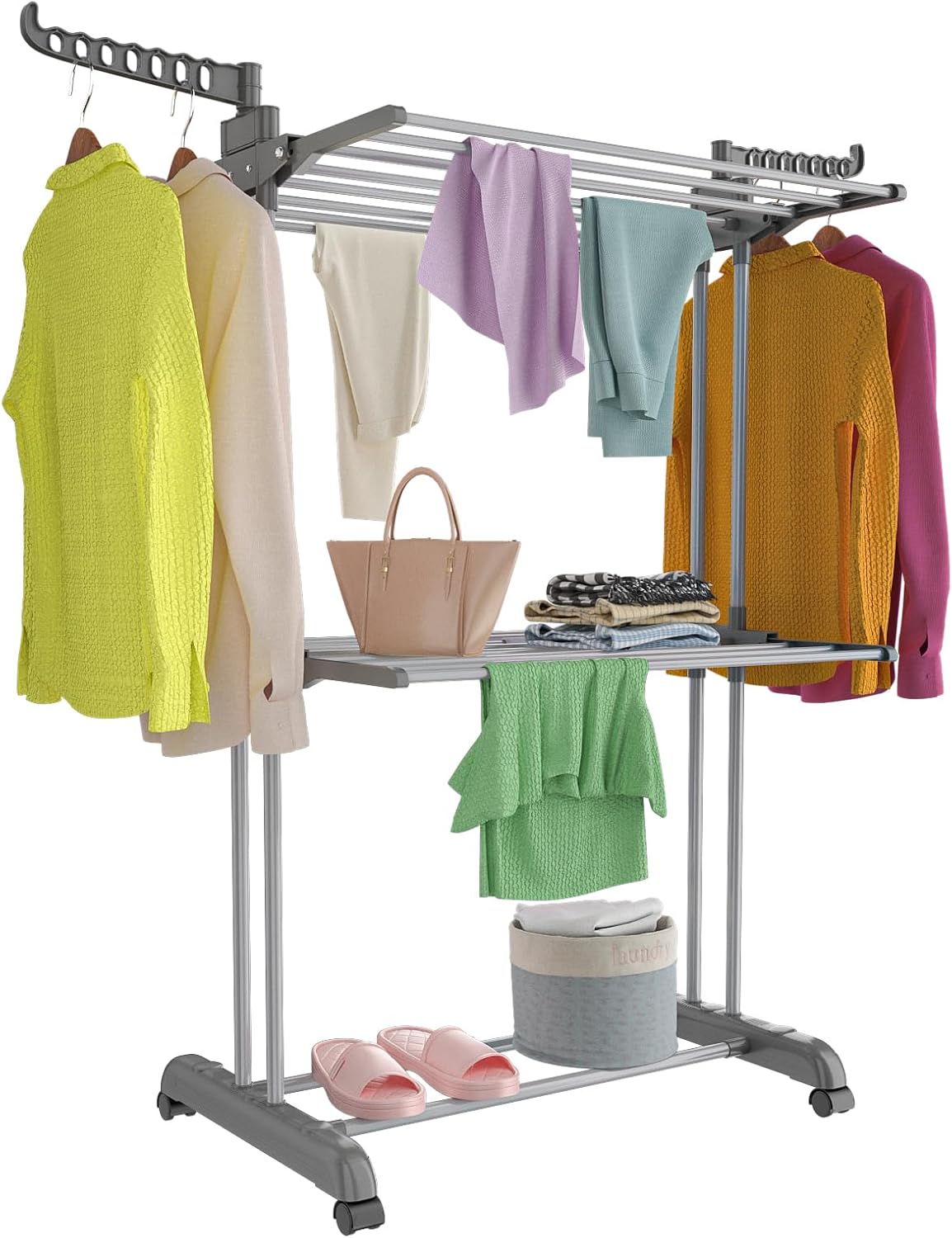Bigzzia 3 Tier Clothes Drying Rack, 57 Inch Laundry Drying Rack, Foldable Stainless Steel Kids Clothing Rack, Movable Laundry Rack for Indoor Outdoor - Grey - NestledHome