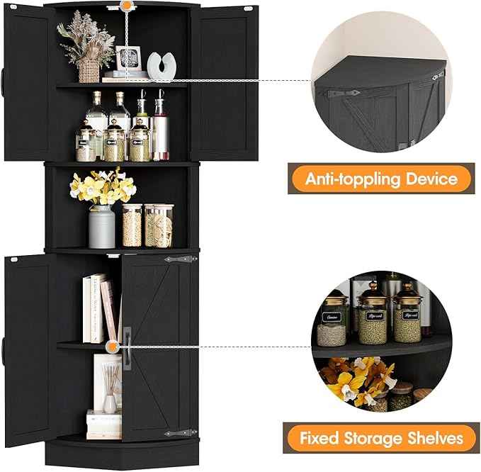Vabches 64.8" Tall Farmhouse Corner Cabinet with 4 Doors and 5 Storage Shelves, Farmhouse Storage Cabinet with Barn Door Design, Home Space Saver for Living Room, Kitchen, Laundry Room,Black