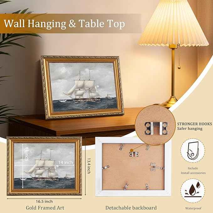uniro Vintage Gold Framed Wall Art for Home Decor, Farmhouse Wall Decor Seascape Canvas Artwork, Antique Sailing Ship Wall Art Picture, Rustic Vintage Sailboat Art Prints Aesthetic Picture for Bedroom, Living Room, Desktop Decor- 11x14Inch