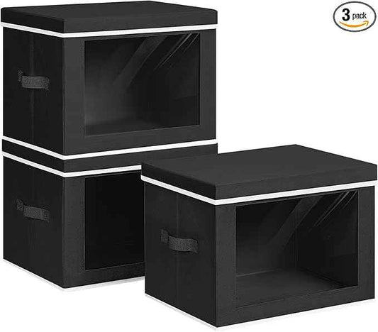 Storage Bins with Lids, 3 Pack Large Storage Cubes with Window, Closet Bins with Lids & Handles, Fabric Box for Organizing Clothes, Towels, Books, Black