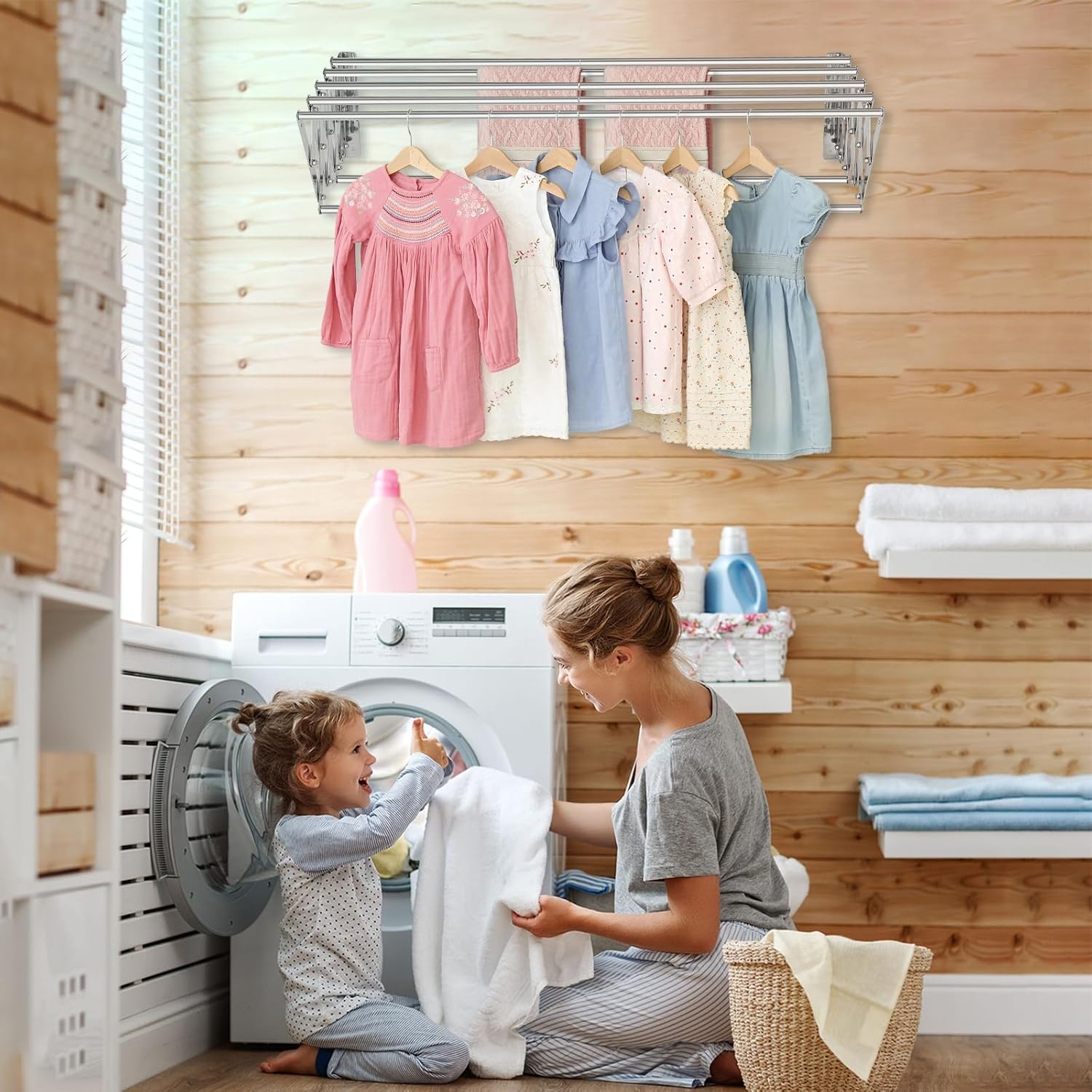 XL-31.5" Wall Mounted Clothes Drying Rack, 130 LBS Large Capacity Rustproof Retractable Clothes Rack, Collapsible Drying Rack Easy to Install with 7 Drying Rods, Space Saving for Laundry-White - NestledHome