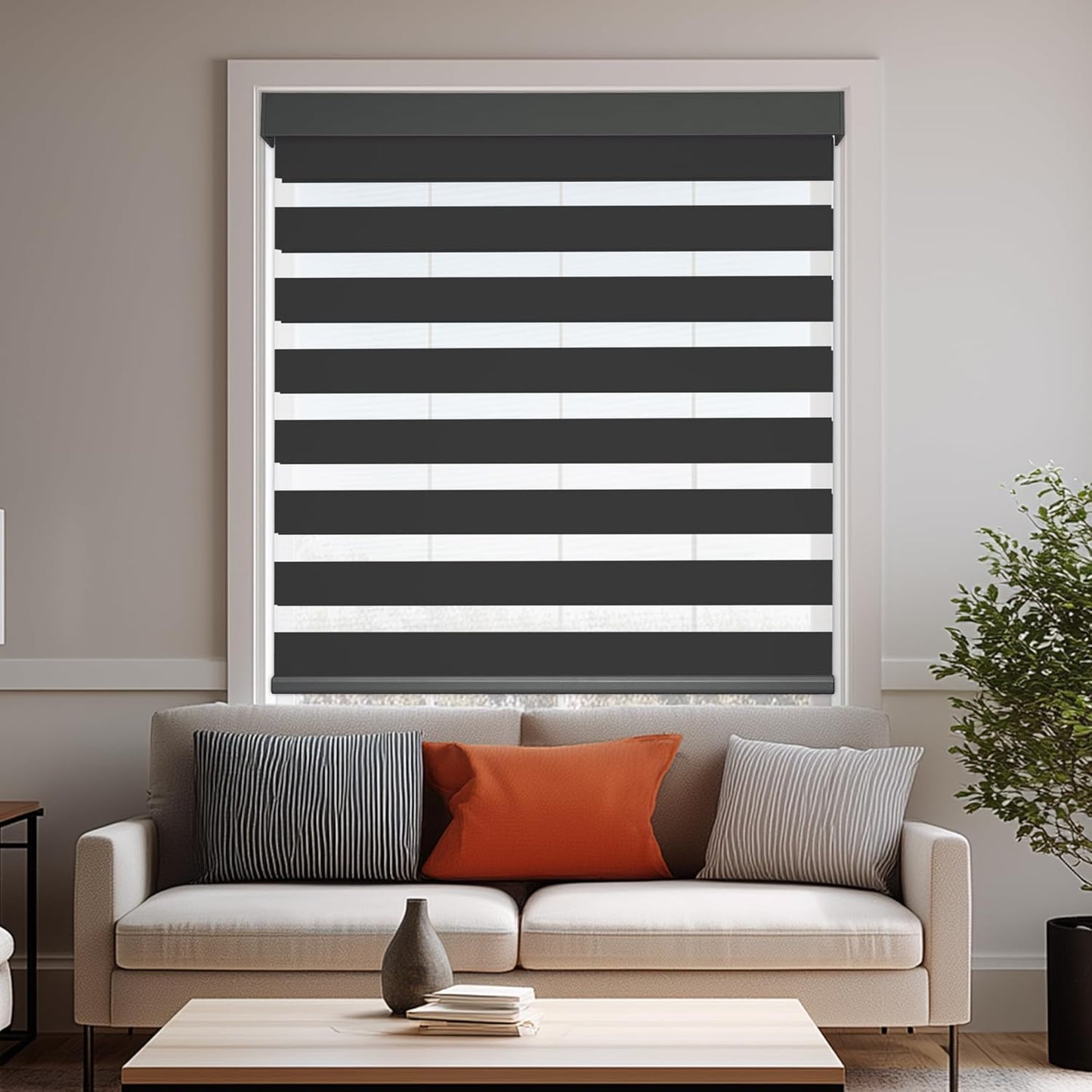 HESTIA Cordless Zebra Blinds Light Filtering Roller Shades UV Blocking Blackout Privacy Indoor Window Shades for Home Office Day and Night, Black,40" W x 60" H