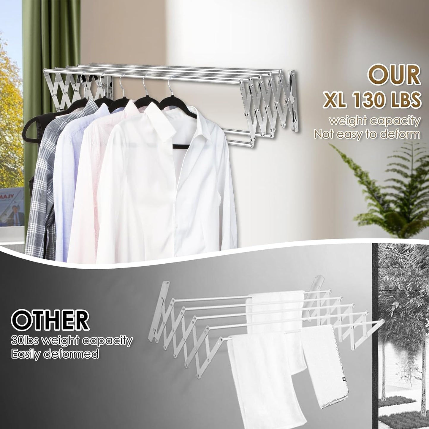 XL-31.5" Wall Mounted Clothes Drying Rack, 130 LBS Large Capacity Rustproof Retractable Clothes Rack, Collapsible Drying Rack Easy to Install with 7 Drying Rods, Space Saving for Laundry-White - NestledHome