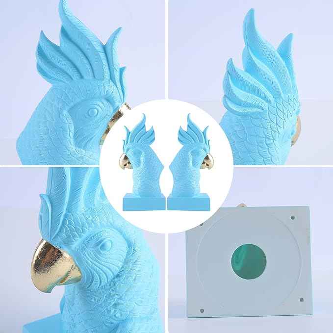 Blue Parrot Decorative Bookends,Set of 2 Cute Bird Animal Sculpture Book Ends to Hold Hevay Duty Books,Unique Resin Statues Book Stopper for Home Office Desk Bookshelf Decor