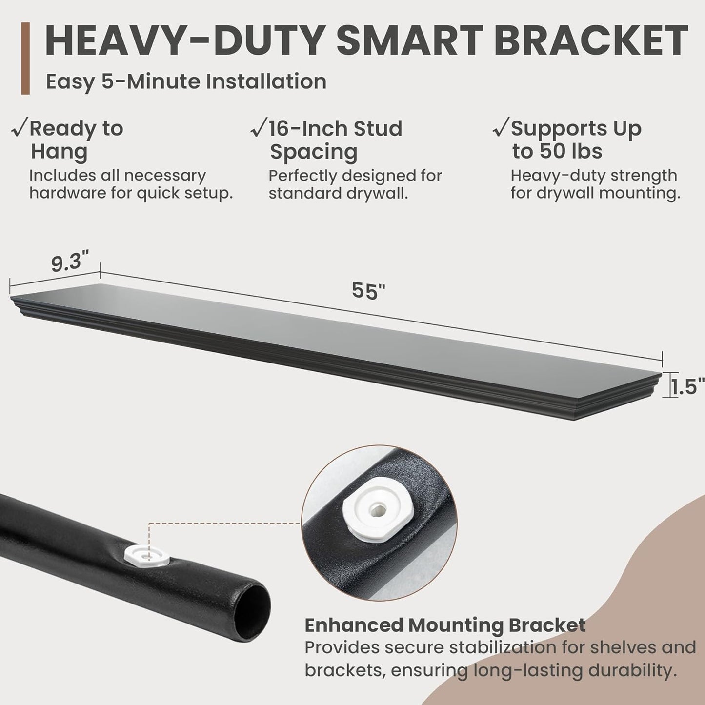 Floating Shelves for Wall, 55 Inch Long Wall Mounted Black Hanging Shelf for Kitchen, Living Room, Office, Bedroom, Bathroom, Retro Vintage Wood Bookshelf for House Decor - NestledHome